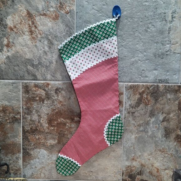 Christmas Stockings Set of 3 Cotton Fabric Festive Red White Green Patterns - Picture 3 of 10